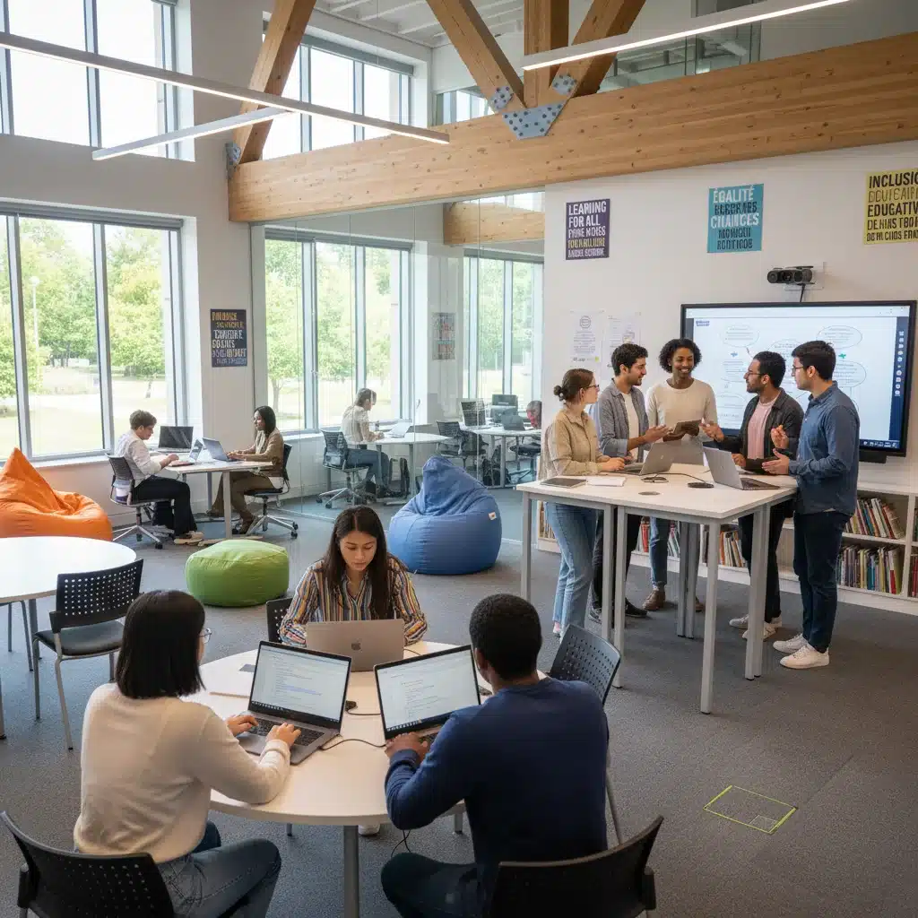 Diverse students in a blended learning classroom, promoting educational equity.