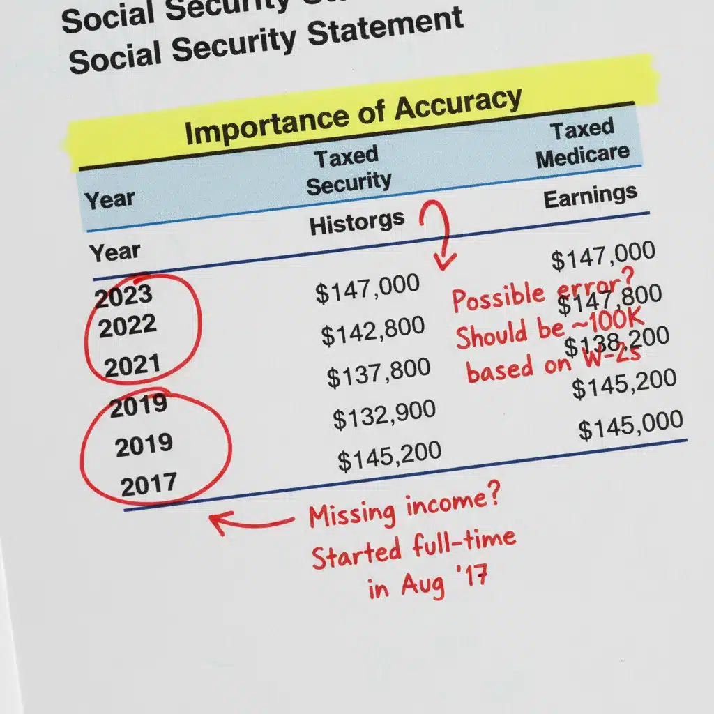 Close-up of Social Security earnings history section with highlighted discrepancies