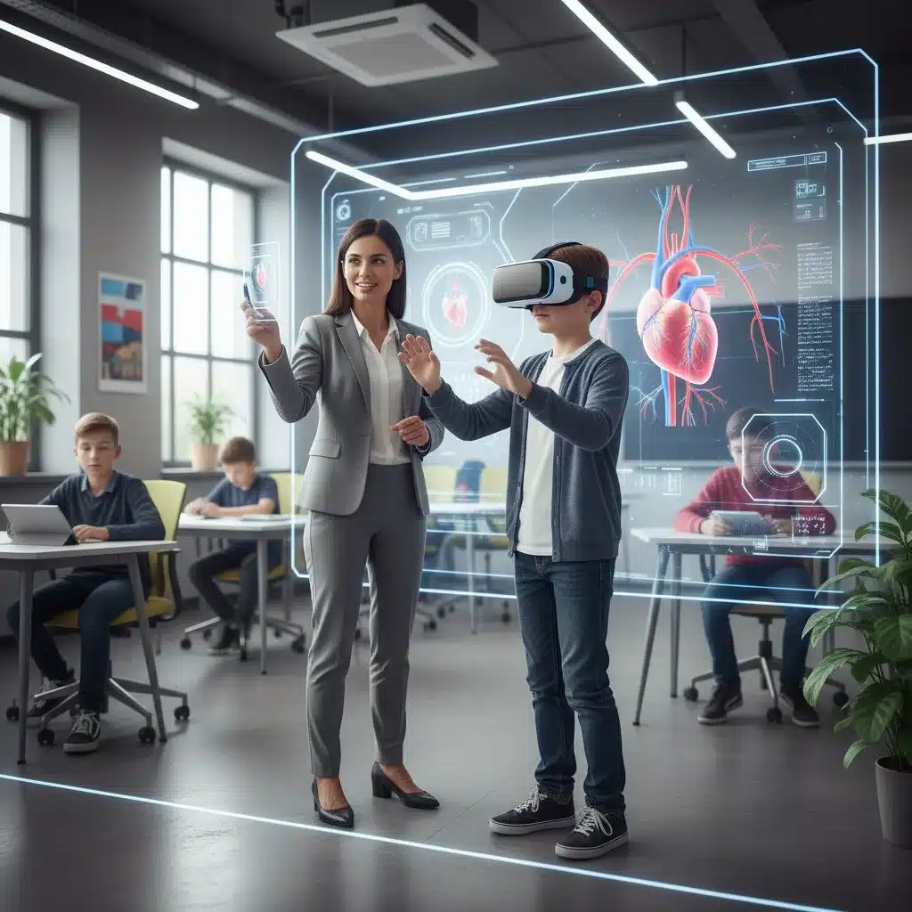 Teacher and student using virtual reality for an immersive learning experience.